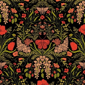 Wildflower Botanical Damask Pattern retro colors green_ red on black