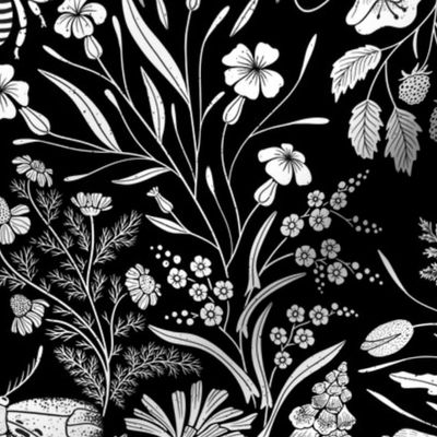 Wildflower Botanical Damask Pattern Dark Black and white