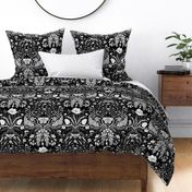 Wildflower Botanical Damask Pattern Dark Black and white