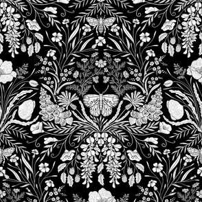 Wildflower Botanical Damask Pattern Dark Black and white