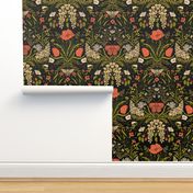 Wildflower Botanical Damask Pattern retro colors green_ red_ beige on black