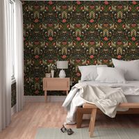 Wildflower Botanical Damask Pattern retro colors green_ red_ beige on black