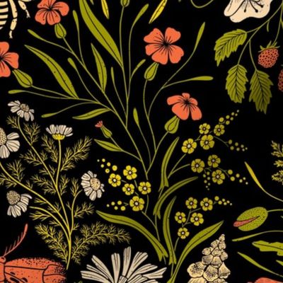 Wildflower Botanical Damask Pattern retro colors green_ red_ beige on black