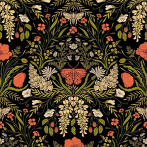 Wildflower Botanical Damask Pattern retro colors green_ red_ beige on black