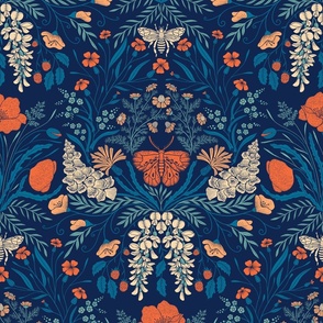 Wildflower Botanical Damask Pattern retro colors blue red on blue