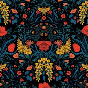 Wildflower Botanical Damask Pattern retro colors blue_ red_ yellow on black