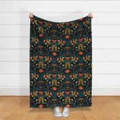 Wildflower Botanical Damask Pattern retro colors blue_ red_ yellow_ beige on black