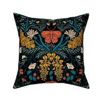 Wildflower Botanical Damask Pattern retro colors blue_ red_ yellow_ beige on black