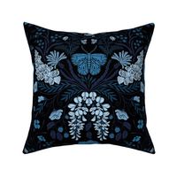 Wildflower Botanical Damask Pattern blue shades on black neutral