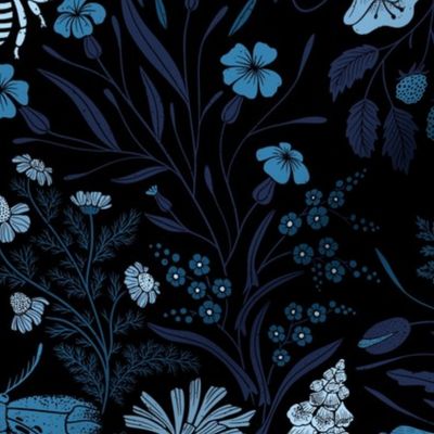 Wildflower Botanical Damask Pattern blue shades on black neutral