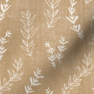 Sprigs in Mustard | Hand drawn leafy sprigs on linen patchwork background, botanical fabric in mustard gold.