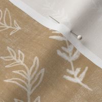 Sprigs in Mustard | Hand drawn leafy sprigs on linen patchwork background, botanical fabric in mustard gold.