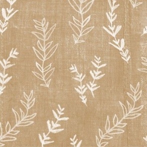 Sprigs in Mustard | Hand drawn leafy sprigs on linen patchwork background, botanical fabric in mustard gold.