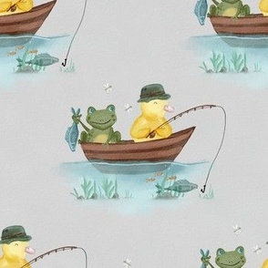 Yellow Duck Buddy and Frog Fishing Adventure Summer Cute MED