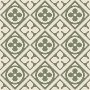 medieval tiles, flower and leaf, moss green