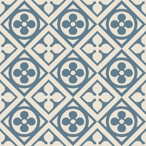 medieval tiles, flower and leaf, slate blue and ivory