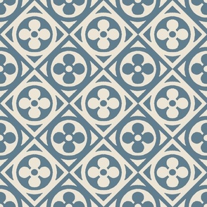 medieval tiles, flower, slate blue and ivory
