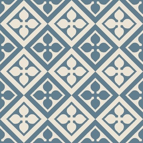 medieval tiles, leaf, slate blue and ivory