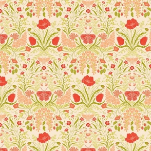 Wildflower Botanical Damask Pattern retro colors green_ red on light Medium