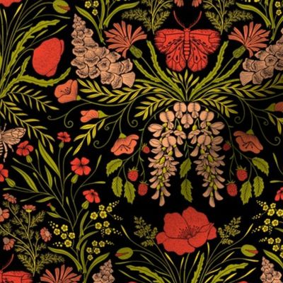 Wildflower Botanical Damask Pattern retro colors green_ red on black Medium