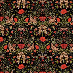 Wildflower Botanical Damask Pattern retro colors green_ red on black Medium