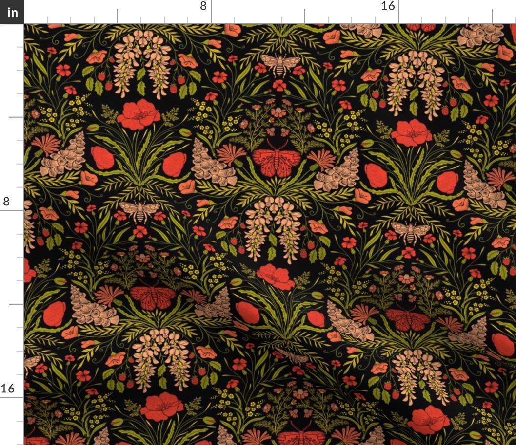 Wildflower Botanical Damask Pattern retro colors green_ red on black Medium