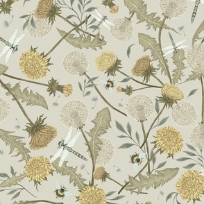Dandelions and Dragonflies in muted tones