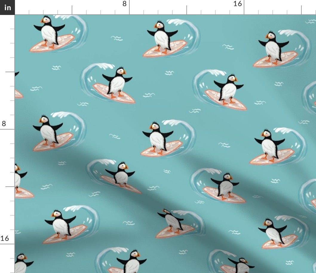 Puffins Surfing Turquoise Nautical Seaside Summer Beach