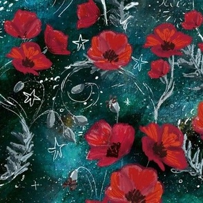 Red Poppies on Petrol Teal Magical Whimsical