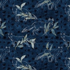 Floral Foxes Foliage Silhouettes Navy Gold