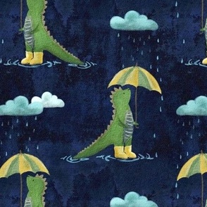 Green Dinosaur with Yellow Umbrella and Wellies Wellington Boots Rain Puddles MED