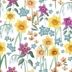 Watercolour Flowers Floral Daffodils on White MED