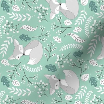 Fox - Sleepy Gray Foxes (seafoam) Baby Nursery Woodland Animals Kids Childrens Bedding SF4 ROTATED