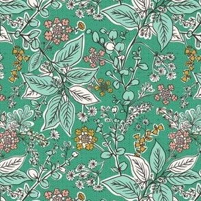 Gracelyn - Hand Drawn Botanical Floral Green Multi Small Scale