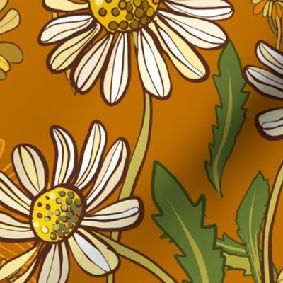 70S Vintage Boho Daisies yellow and white on tan small flowers