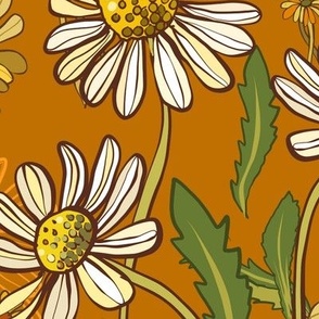 70S Vintage Boho Daisies yellow and white on tan small flowers