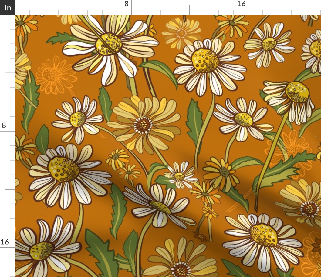 70S Vintage Boho Daisies yellow and white on tan small flowers