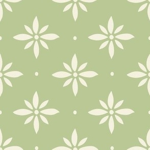 Cream Floral Geometric Shapes on Green - Regular Scale