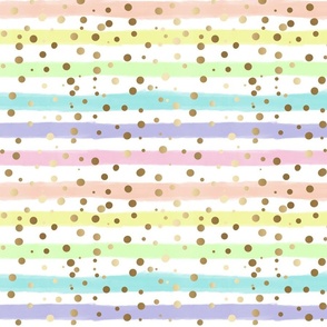 Pastel Rainbow  Painted  Stripes and Gold Dots 