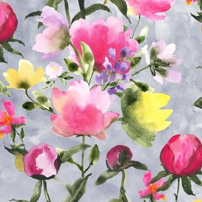 Bohoo flowers - watercolor grey background - large scale