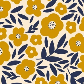 Pretty Floral - navy and gold (large scale)