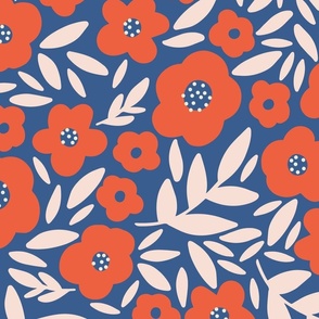 Pretty Floral - coral red and blue (large scale)