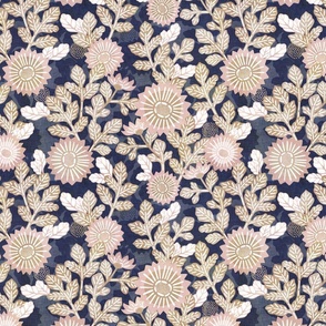 Vintage  Night Garden- Neutral Botanical- Tan and Mauve on Blue- Small- Japanese Floral- Rose- Tan- Beige- Yellow- Navy Blue- Indigo Blue Fabric- Denim Blue- Elegant Sunflower- Soft Floral- Muted Colors- Wallpaper- Home Decor- Small Scale