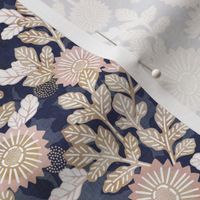 Vintage  Night Garden- Neutral Botanical- Tan and Mauve on Blue- Mini- Japanese Floral- Rose- Tan- Beige- Yellow- Navy Blue- Indigo Blue Fabric- Denim Blue- Elegant Sunflower- Soft Floral- Muted Colors- Wallpaper- Home Decor- Small Scale