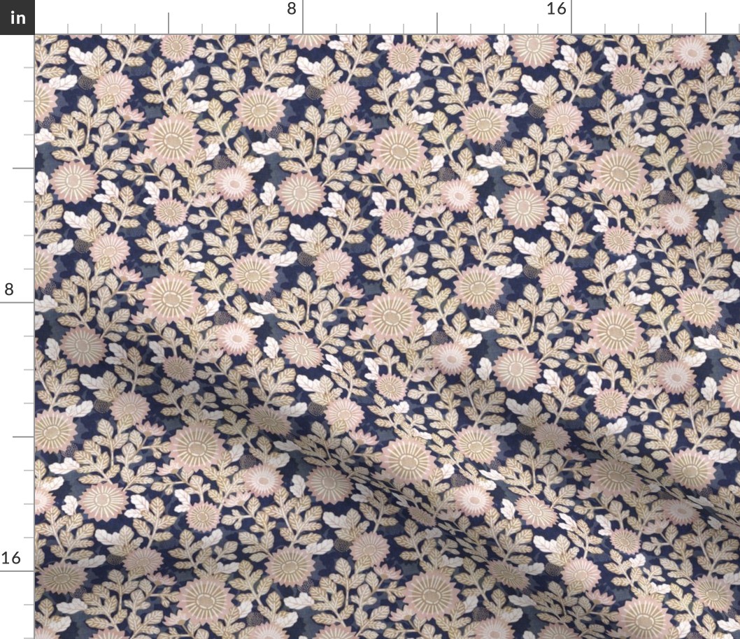 Vintage  Night Garden- Neutral Botanical- Tan and Mauve on Blue- Mini- Japanese Floral- Rose- Tan- Beige- Yellow- Navy Blue- Indigo Blue Fabric- Denim Blue- Elegant Sunflower- Soft Floral- Muted Colors- Wallpaper- Home Decor- Small Scale