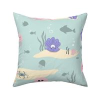 Under the Sea Friends Baby and Toddler Soft Pastel Purple and pink on Seaglass Blue Ocean Print