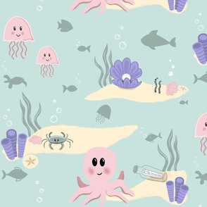 Under the Sea Friends Baby and Toddler Soft Pastel Purple and pink on Seaglass Blue Ocean Print
