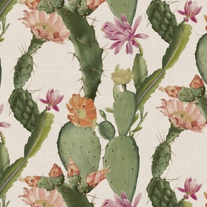 BLOOMING CACTI - VINTAGE MUTED COLORS ON OFF-WHITE