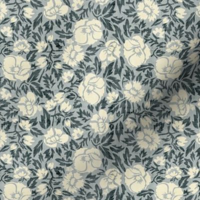 Evermore Botanicals- Poppy -Floral Block Print- Ash Gray Eggshell Gunmetal- Small Scale