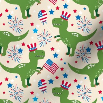 Funny patriotic t-rex july 4th independence day fabric  beige